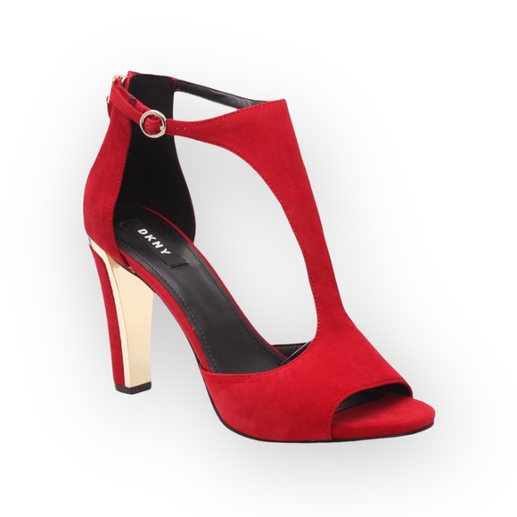 DKNY ༄ Colby T-Strap Platforms Heels Sandals༄ Red Suede Gold Detail ༄ 38 7.5M 8M - Picture 15 of 16